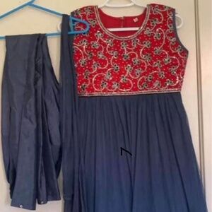 Navy blue and red Anarkali style 3pcs suit